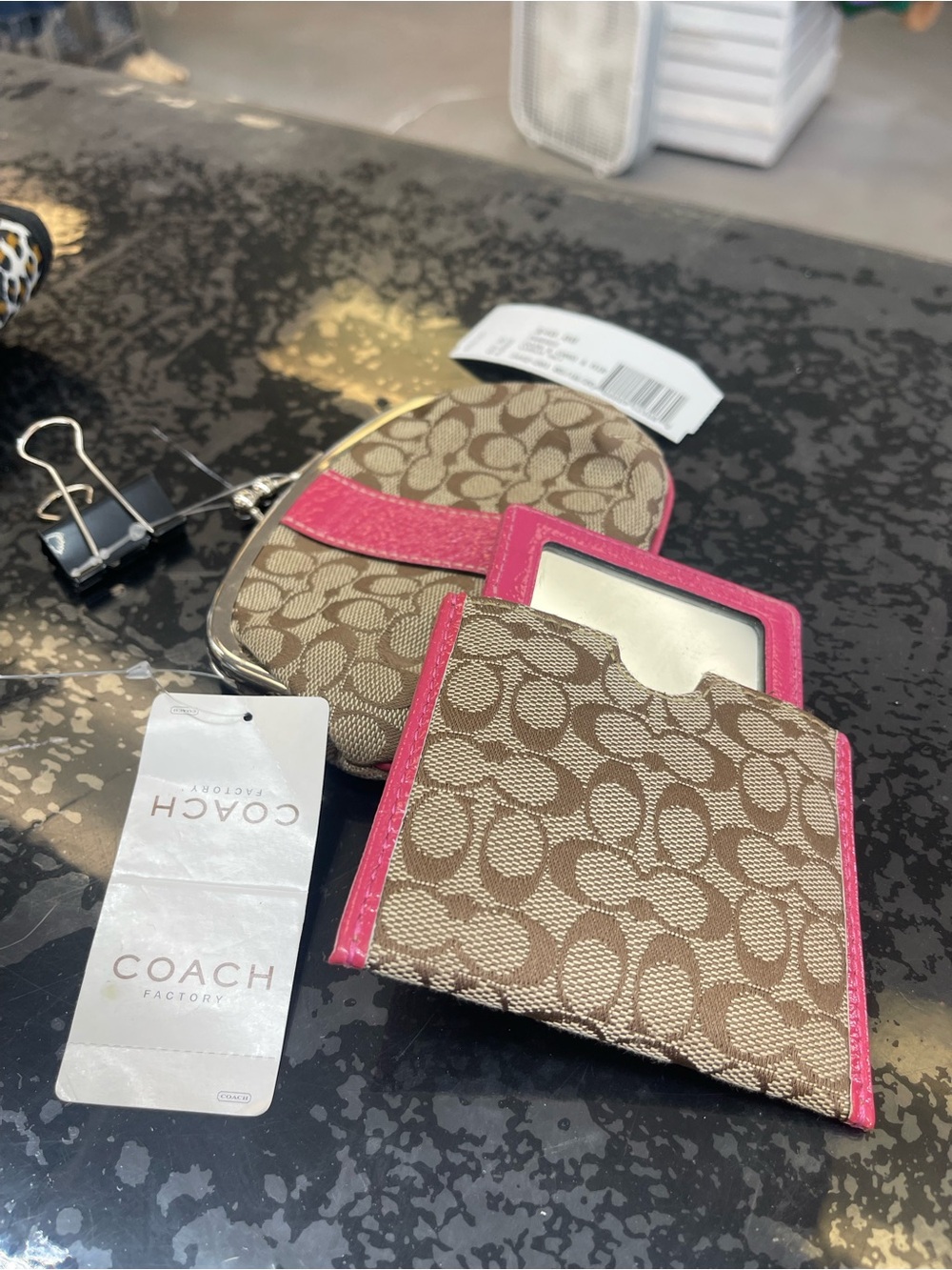 Coach Beige Signature Canvas Coin Purse & Card Holder with Pink Trim - Picture 3 of 3